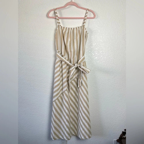 Gap Stripe MIDI Tank Dress Cotton Size Small Khaki White Summer Vacation Coastal - Picture 2 of 12